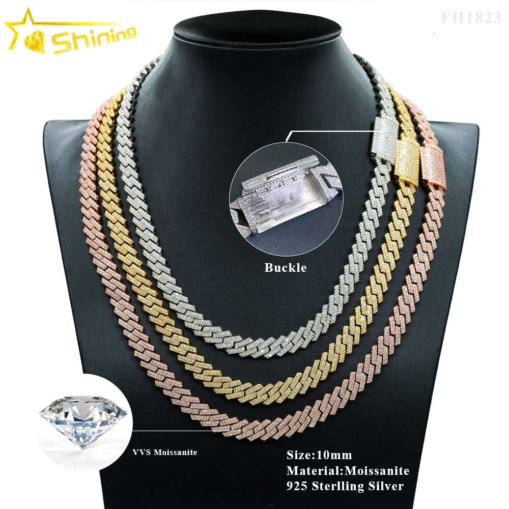 Selling Pass Diamond Tester 925 Solid Silver 10mm Two Rows Iced Out Hip Hop Vvs Moissanite Cuban Link Chain Necklace