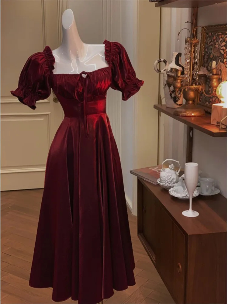 French Vintage Burgundy Evening Party Dres 2023 Summer Elegant Romantic Prom Vestidos Korean Aline Graduation Dresses 240314