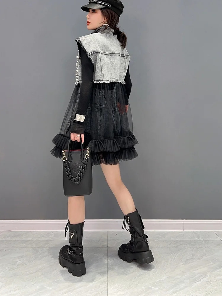 Vefadisa Spring Summer Lapel Sleeveless Denim Vest Coat Loose Mesh Splicing Colour Diamonds Irregular Women LHX3315 240321