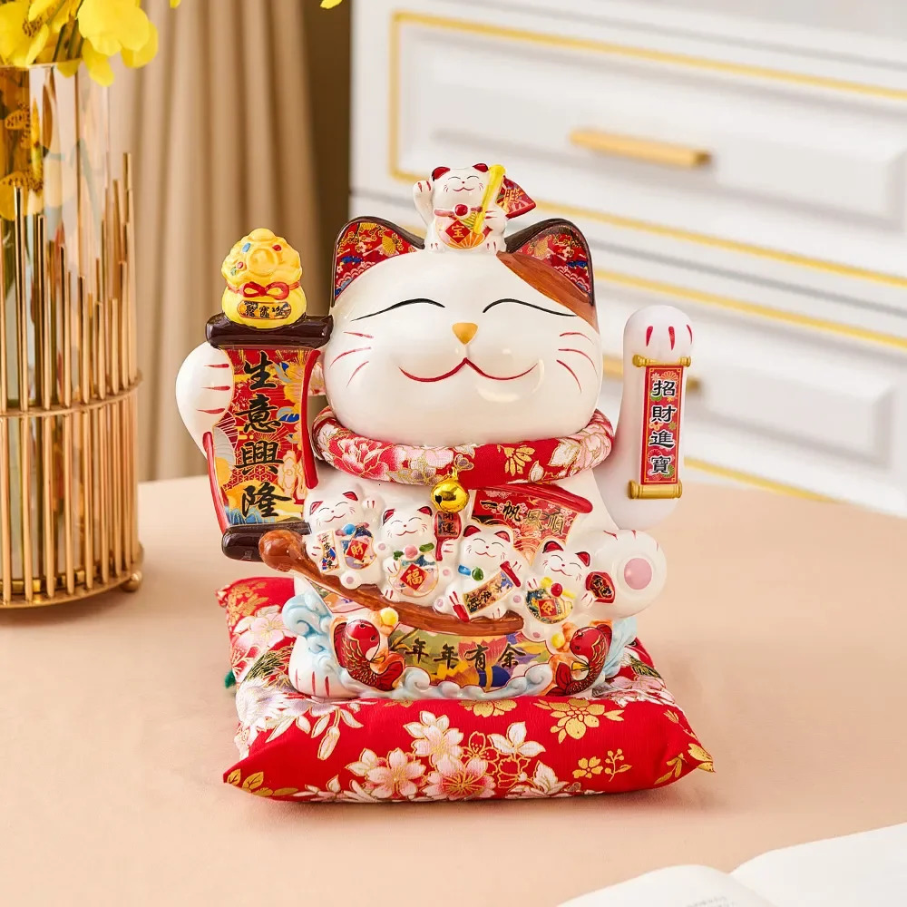 Ceramic Maneki Neko Lucky Cat Home Decor Waving Hand Feng Shui Fortune Statue Kawaii Room Accessories 240314