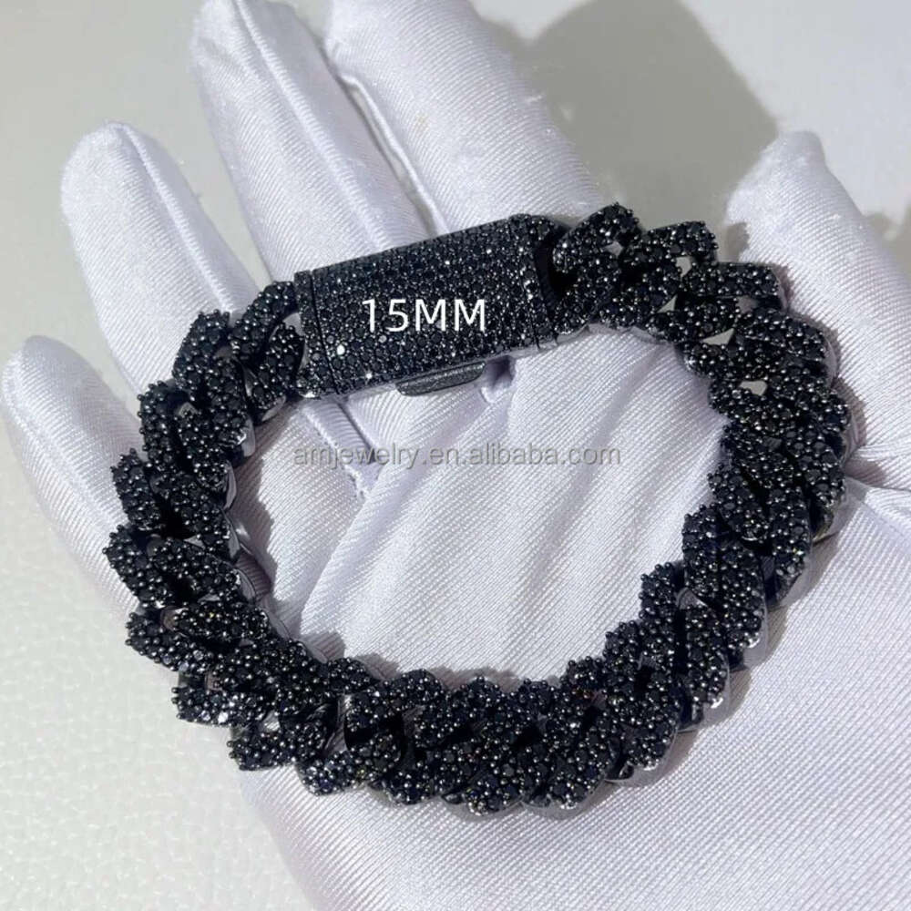Wholesale Vvs Black Moissanite Miami Cuban Link Chain 8mm 10mm 12mm 14mm 18mm Hiphop Necklace Bracelet Men Jewelry