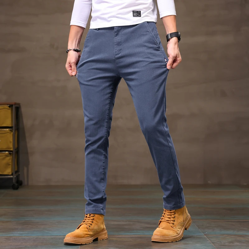 Stretch Casual Pants Men Slim Fit Classic Straight Trousers Solid Black for Button Fly Denim Textured 240319