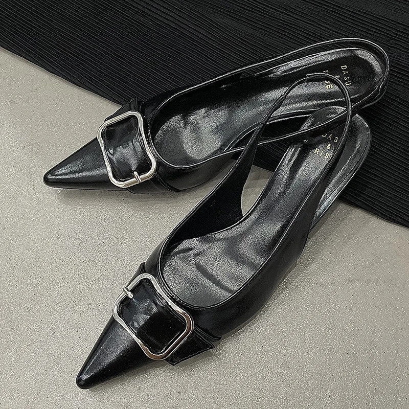 Fashion Metal Silver Women In Shoes With Low Heel Slides Pointed Toe Ladies Heels Buckle Female Slingbacks Sandals 240320