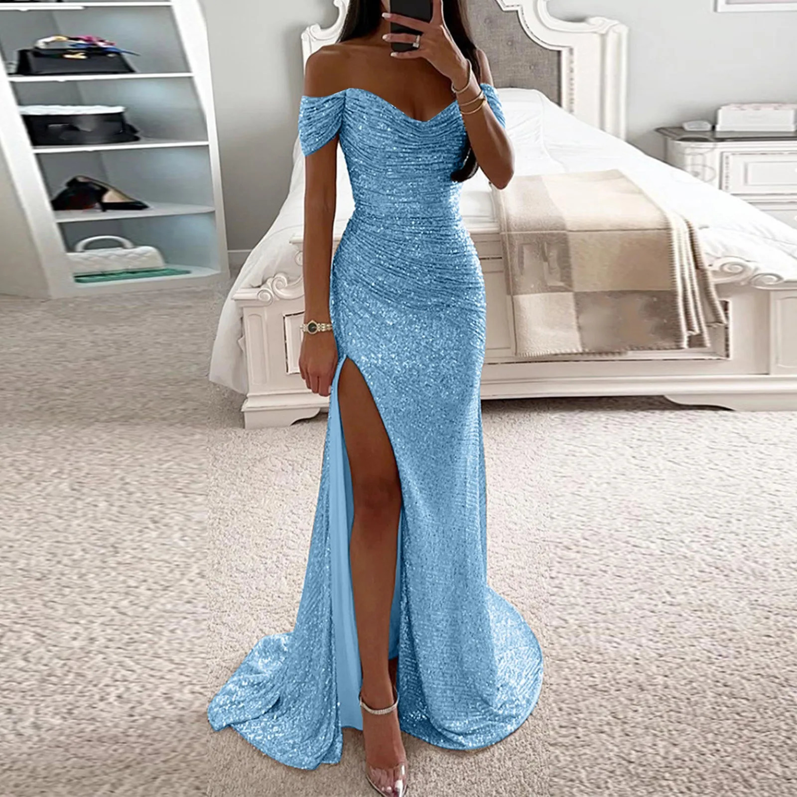Womens Sexy Strapless Sequins Evening Prom Dress Chic Off Shoulder High Slits Sparkling Party Maxi Female Bridemaid 240314