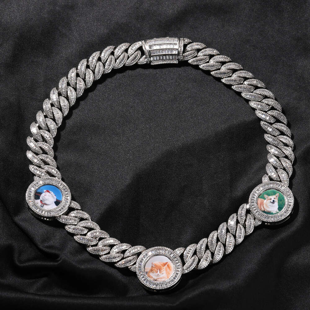 Hip Hop Bling Custom Photo Cuban Link Chain Necklace Ins Round Photo Diy Picture Gold Diamond Curb Chains Unisex Personalized Iced Out Cubic Zirconia 