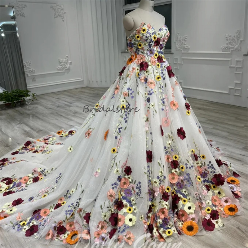 3D Colorful Flowers Wedding Dresses With Color Whimsical Elvish Country Bridal Gowns Puff Sleeves Vestidos De Novia Court Train Unique Nontraditional 