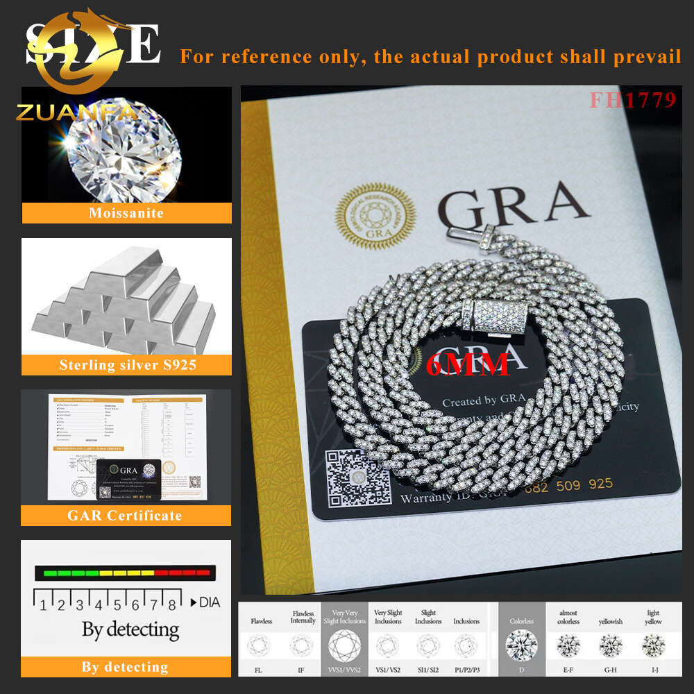 Selling 6mm Pass Diamond Tester 925 Sterling Silver Hip Hop Iced Out Vvs Moissanite Diamond Cuban Link Chain
