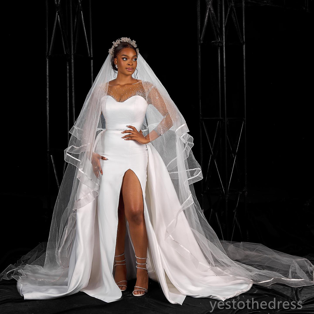 2024 African Mermaid Wedding Dress For Bride Bridal Gowns With Detachable Train Illusion Long Sleeves Jewel Rhinestones Crystals Satin Dress for Black