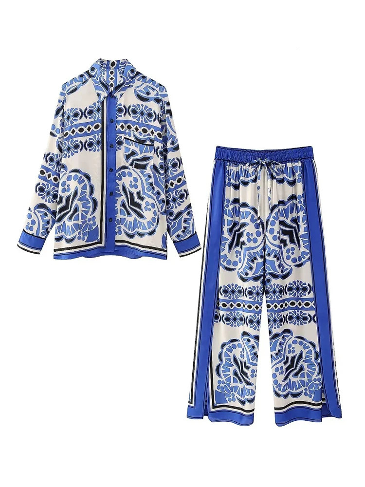 ZBZA Womens Fashion Blue Printed Satin Shirt Retro Loose Wide Leg Pants Two Piece Set Street Shoot Casual Women Trousers 240314