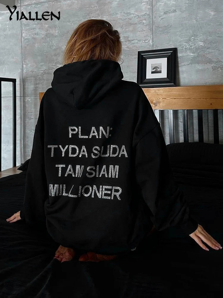 Nibber Autumn High Street Women Coat Casual Hooded Out Wear Fashion Letter Set With Diamonds Long Sleeve Hoodies Streetwear 240318