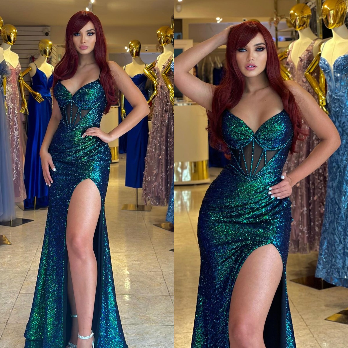 Sexy Hlitter Mermaid Prom Dress Spaghetti Bodice Formal Evening Elegant Split Dresses For Special Ocns Pleats Sequins Robe De Soiree