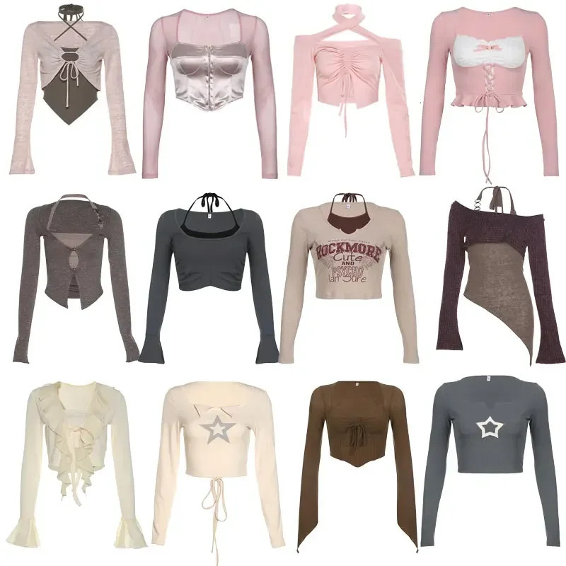 Sexy Vintage Crop Tshirts Long Sleeve Slim T Shirt Autumn Korean Style Chic Sweet Y2K Aesthetic Streetwear Female Tee 240321