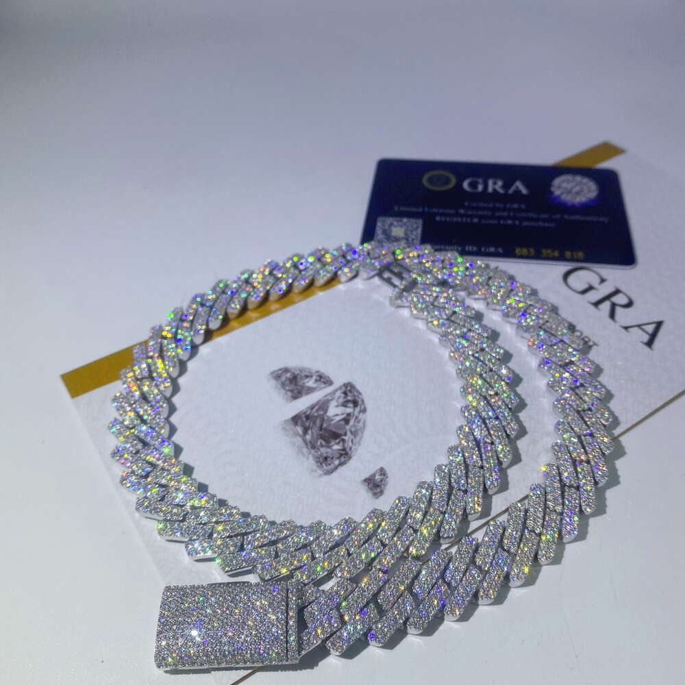 Selling Iced Out 15mm Double Row Moissanite Necklace Bracelet 925 Silver Cuban Chain Hip Hop