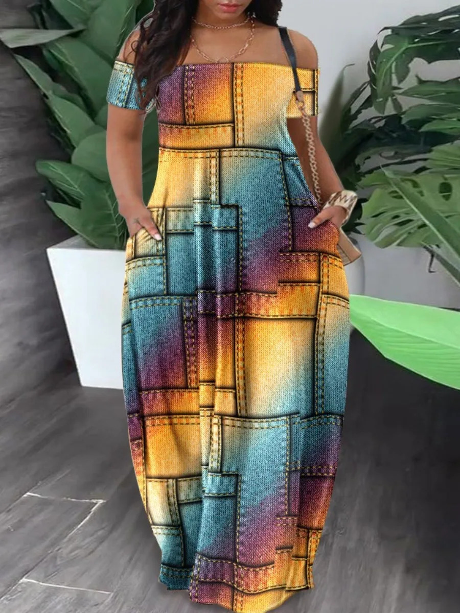 LW Bateau Neck Camo Off The Shoulder Maxi Dresses Short Sleeve Floor Length Camouflage Casual Summer Women Clothings 240314