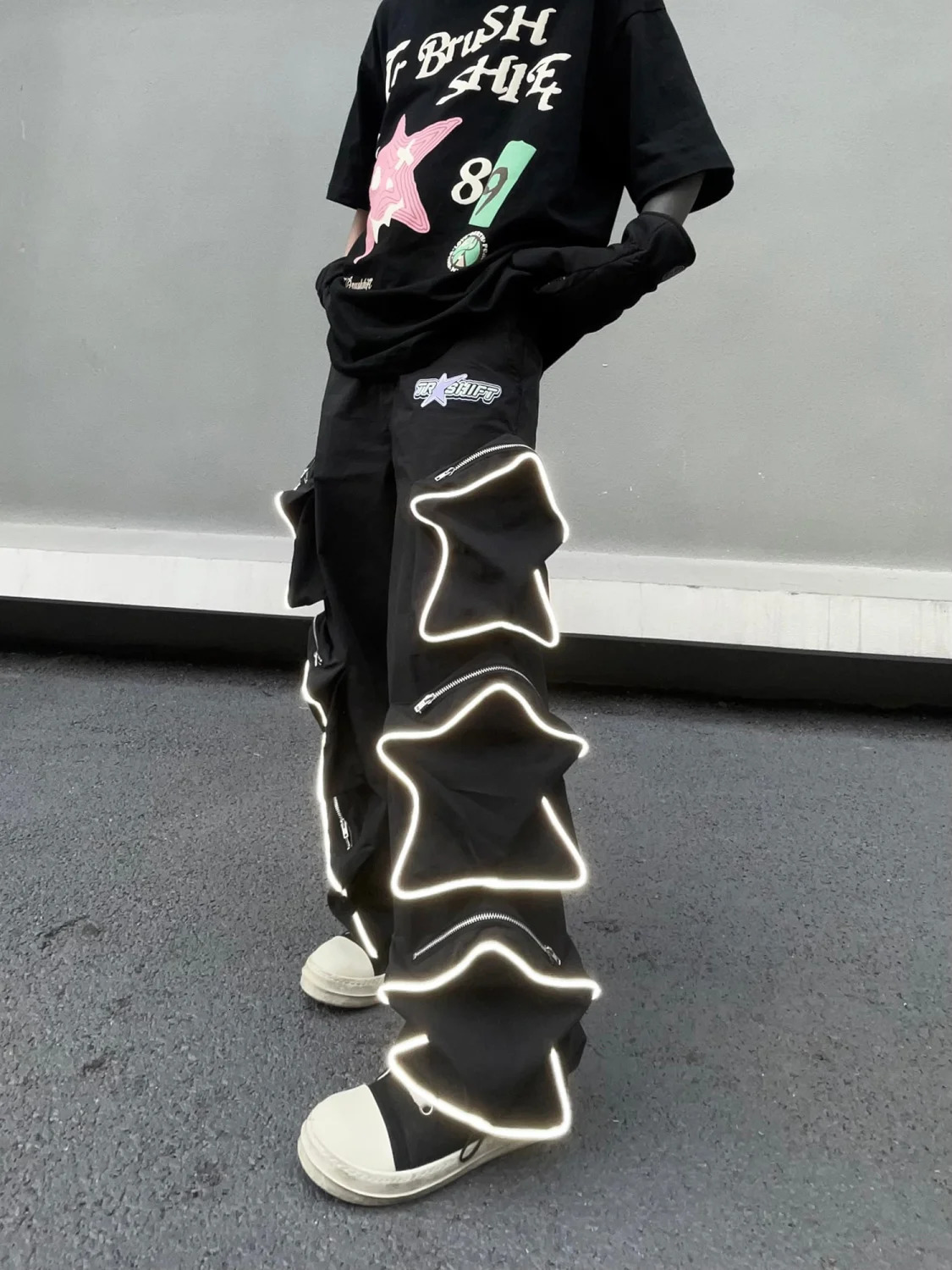 Y2k Cargo Pants Men Five Pointed Star Three Dimensional Multi Pocket Black Pants Reflective Casual Straight Leg Pants Streetwear 240312