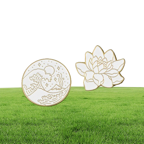 Enamel Brooch Pin Lotus Flower Wave Round Badge Seaside Star Moon Ocean Plant Brooches Pins Hat Coat Jewelry Gifts 1493 E3