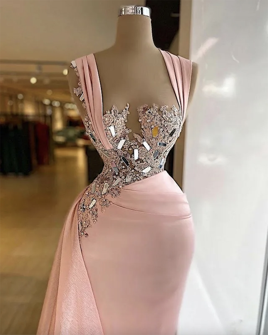 Size Arabic Plus Aso Ebi Pink urious Sheath Prom Dresses Beaded Crystals Lace Evening Formal Party Second Reception Birthday Gowns Dress
