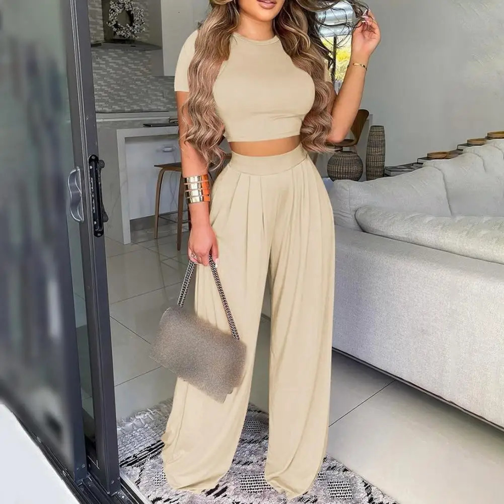 Summer Elegant Women Solid Casual Fitness Tracksuit Set Outfits Short Sleeve Crop Tops Trouser Flare Pants 2 Two Piece 240315