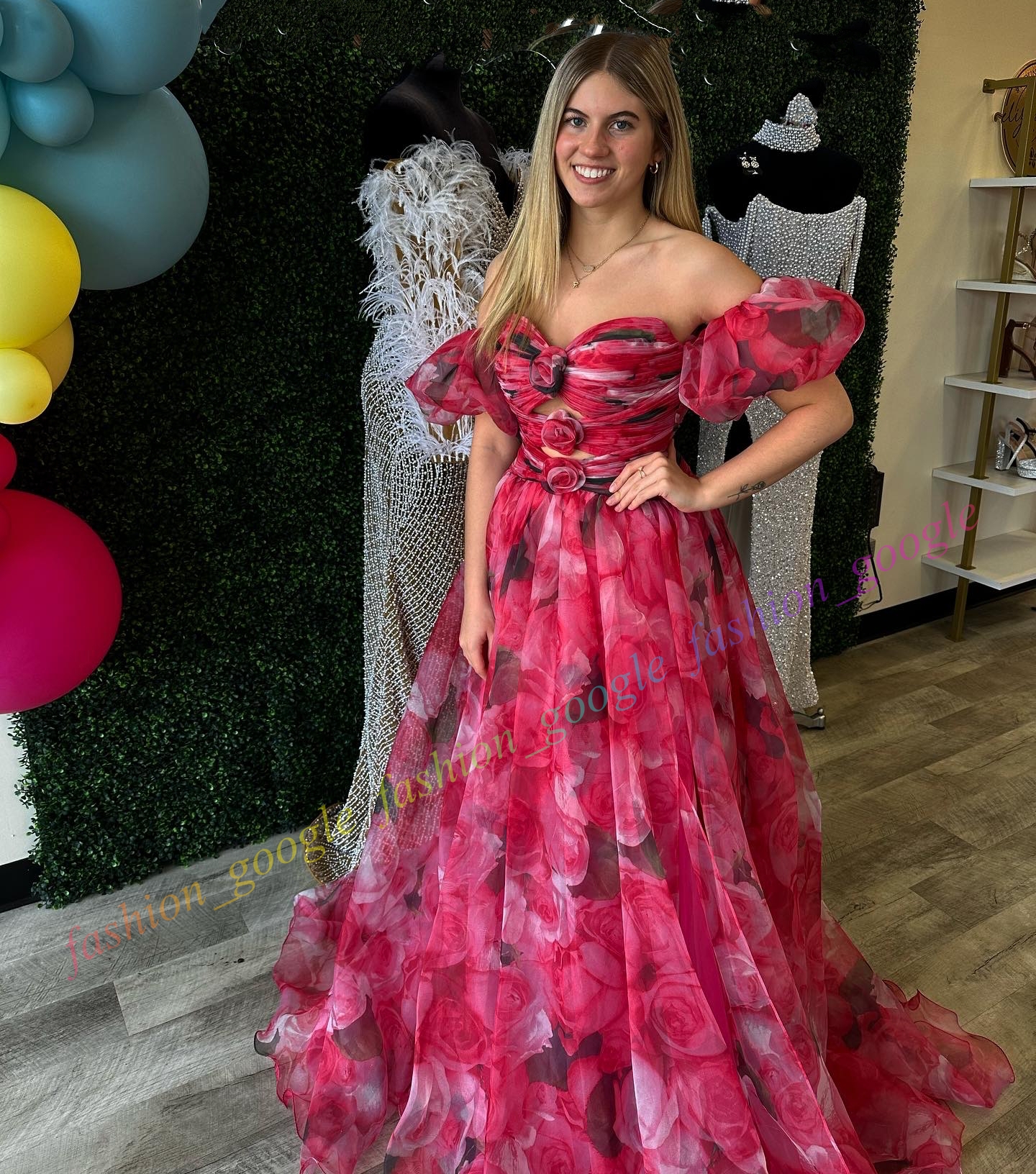 Rosette Printed Chiffon Prom Dress 2k24 Center Keyhole Pink Rose Floral Long Winter Spring Formal Evening Cocktail Gala Party Pretty Pageant Runway Go