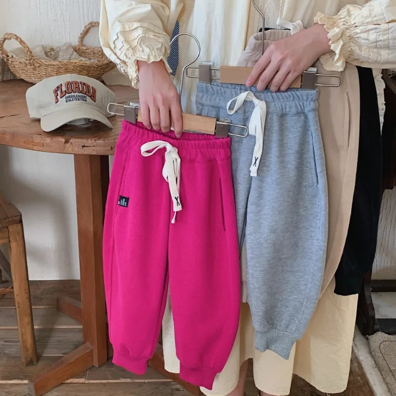 Spring Autumn Kids Girl Boy Casual Versatile Pants Solid Elastic Waist Jogger Children Sweat E4327 240315