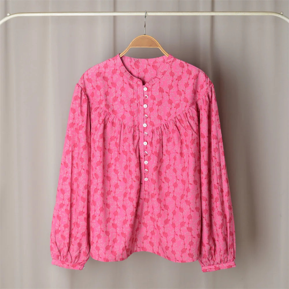Spring Women Floral Print Shirt Vintage Single Breasted Long Lantern Sleeve Ladies O-neck Fashion Blouses 240315