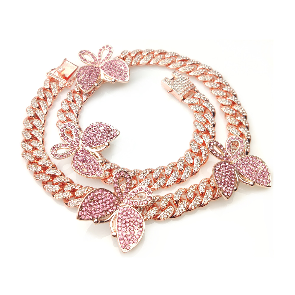 12mm Butterfly Curb Link Chain Necklaces Bling Iced Out Rhinestone Street Hip Hop Jewelry Gifts Silver Rose Gold Pink Blue Fashion Women Miami Cuban C