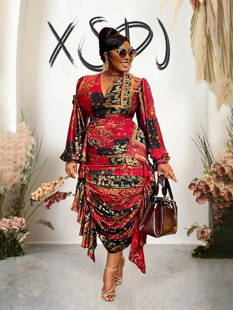 Elegant and Beautiful Womens Dresses Long Sleeved Ruffle Drape Dress V Neck Sexy Curvy Dresses Plus Size Wholesale Drop 240318