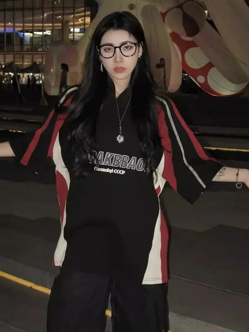 Deeptown Vintage Oversized T Shirts Women Man Y2k Streetwear Patchwork Short Sleeve Tees Female Casual Sporty Black Couple Tops 240321