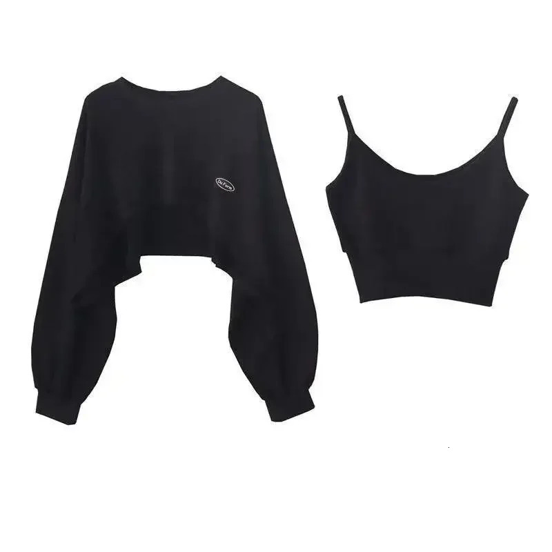 Womens Fashion Asymmetrical Cropped Camis Sweatshirt 2 Piece Casual Solid Long Sleeve Female Pullovers Chic Tops 240318