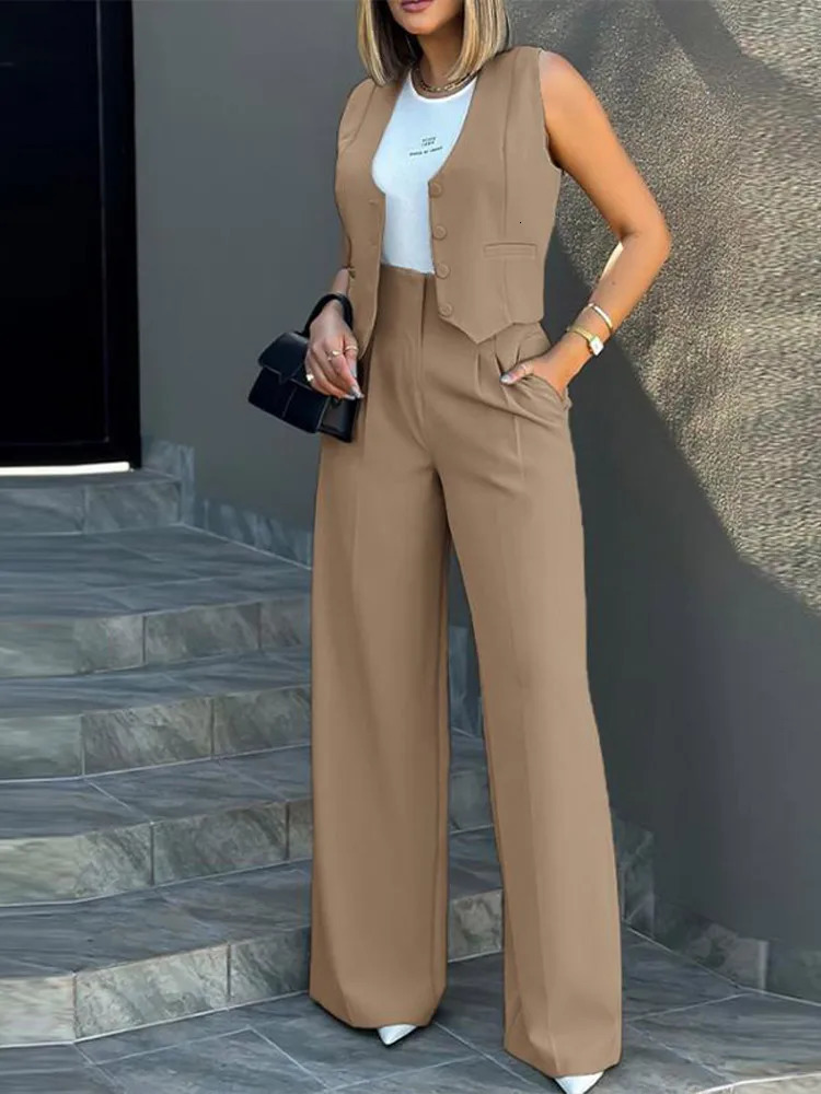 Elegant Button Vest Wideleg Pants Suit Women Two Piece Set Vneck Solid Singlebreasted Crop Top Trouser Office Lady Streetwear 240314