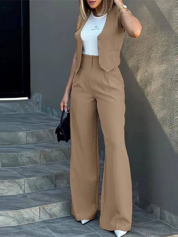 Elegant Button Vest Wideleg Pants Suit Women Two Piece Set Vneck Solid Singlebreasted Crop Top Trouser Office Lady Streetwear 240314