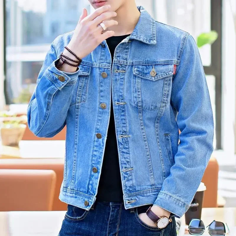 Mens Denim Jacket Short Casual Slim Black Male Jean Coats Button in High Quality Trendy Price Stylish Low Cost Size L 240319