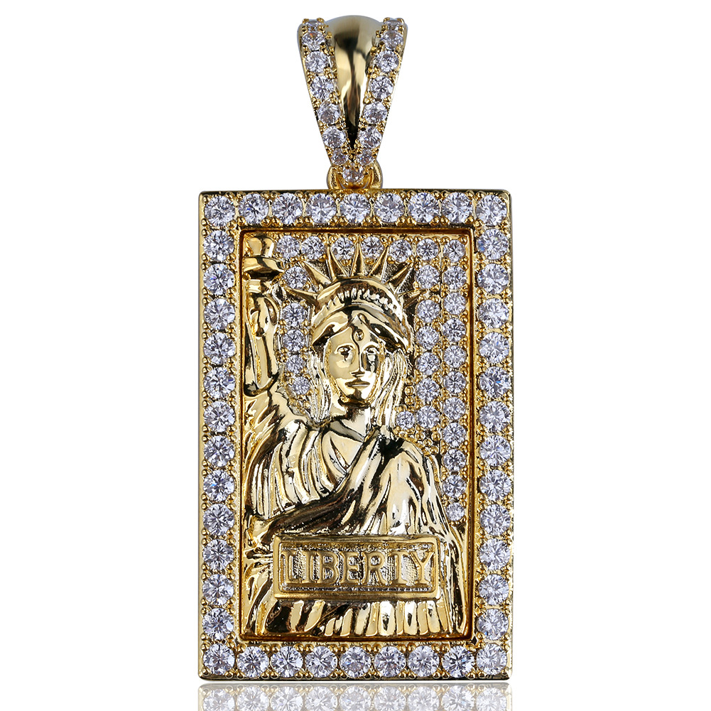 Hip Hop Vintage Lady Liberty Pendant Necklace Full 5A Zircon 18k Real Gold Plated Women Men Jewelry Gift