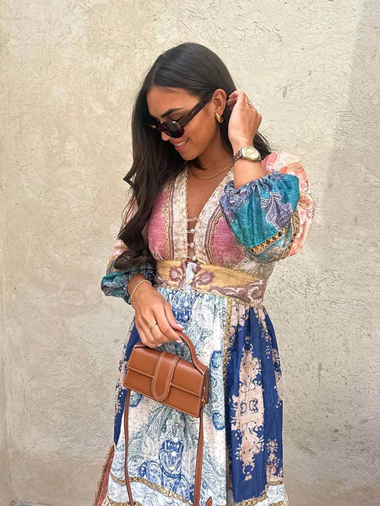 Vintage Print Lantern Sleeves Maxi Dress Women Elegant Vneck High Waist Aline Dresses Casual Vocation Streetwear Vestidos 240318wtt