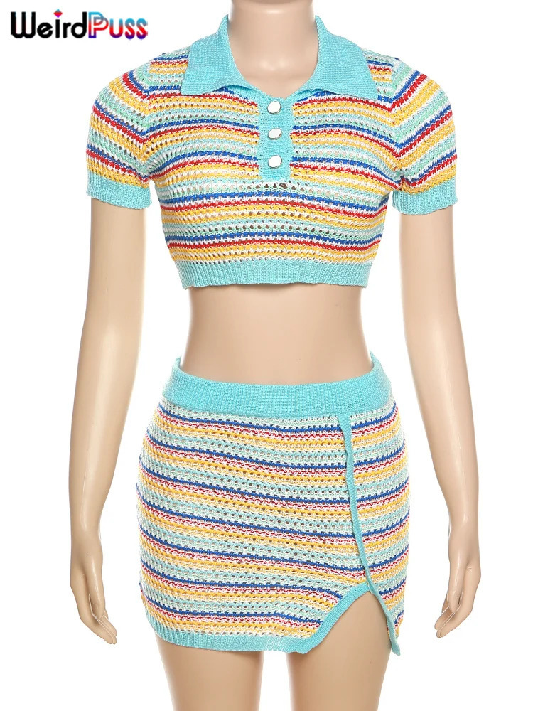 Weird Puss Knit Sexy Women Two Piece Set Striped Short Sleeve Crop TopsMini Split Skirts Stretch Matching Streetwear Outfits 240315