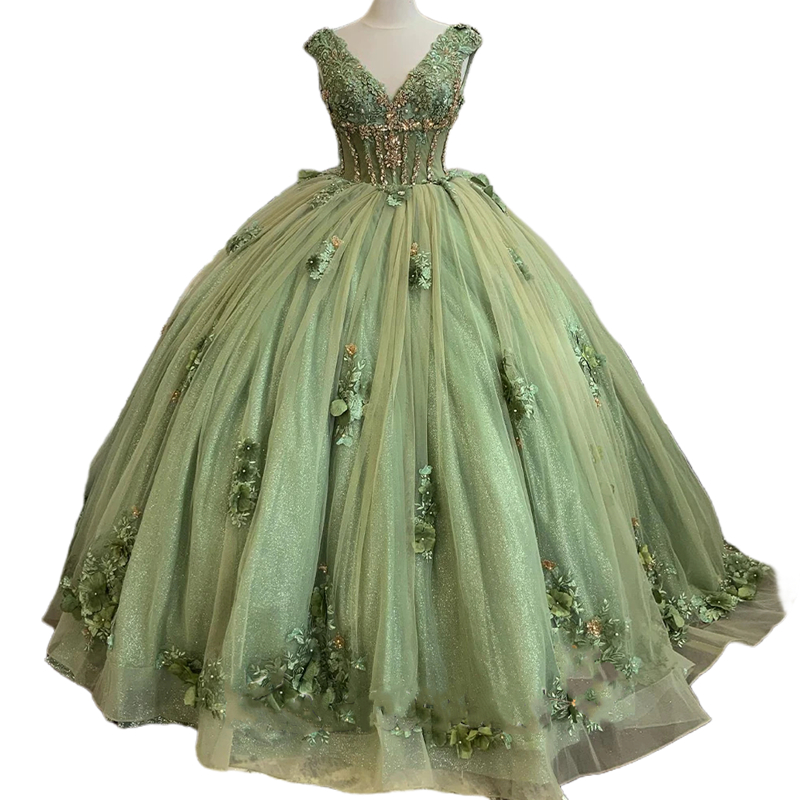 2024 Sage Ball Gown Princess Quinceanera Dresses Crystals Beaded 3D Floral Appliques Floor Length Sweet 15 Dress V-Neck Tank Sleeveless Lace-Up Corset