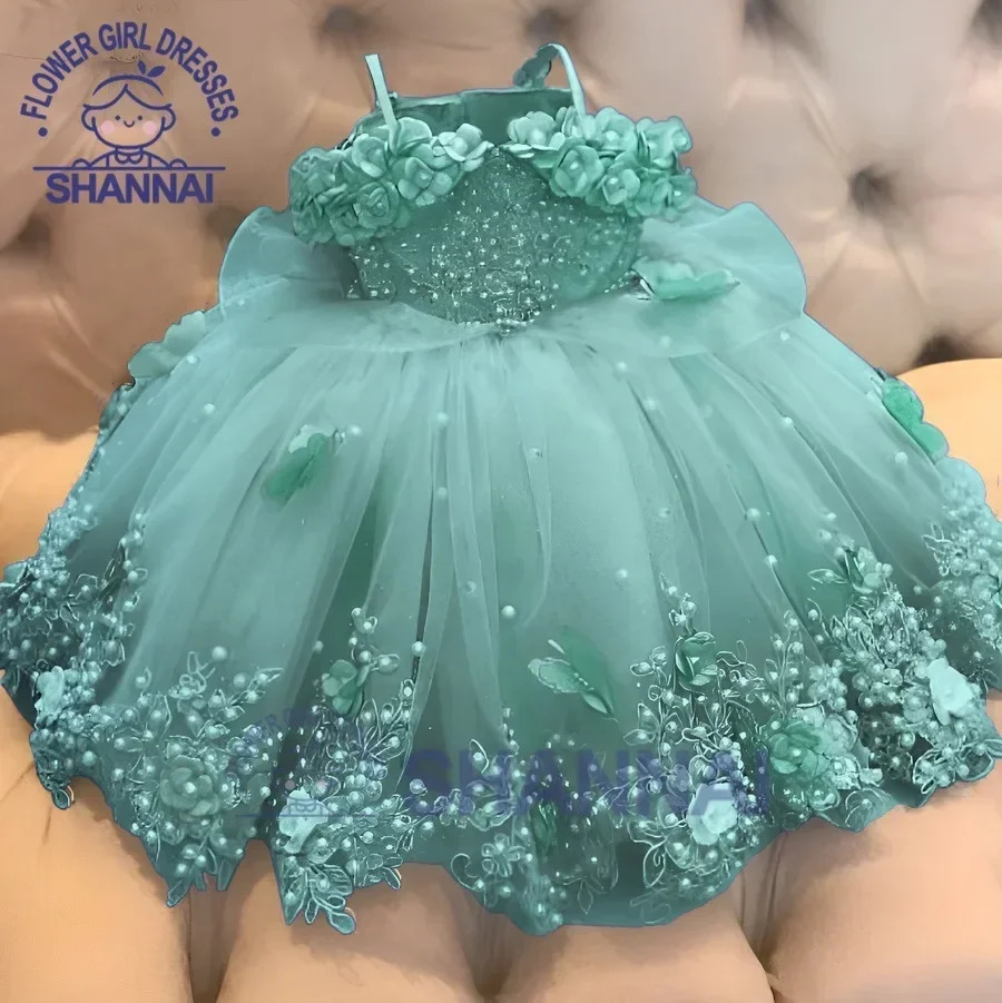 Custom Baby Girl Dress Birthday Party Off Shoulder Pearls Lace Butterflies Infant First Communion Gown Flower Dresses 240312