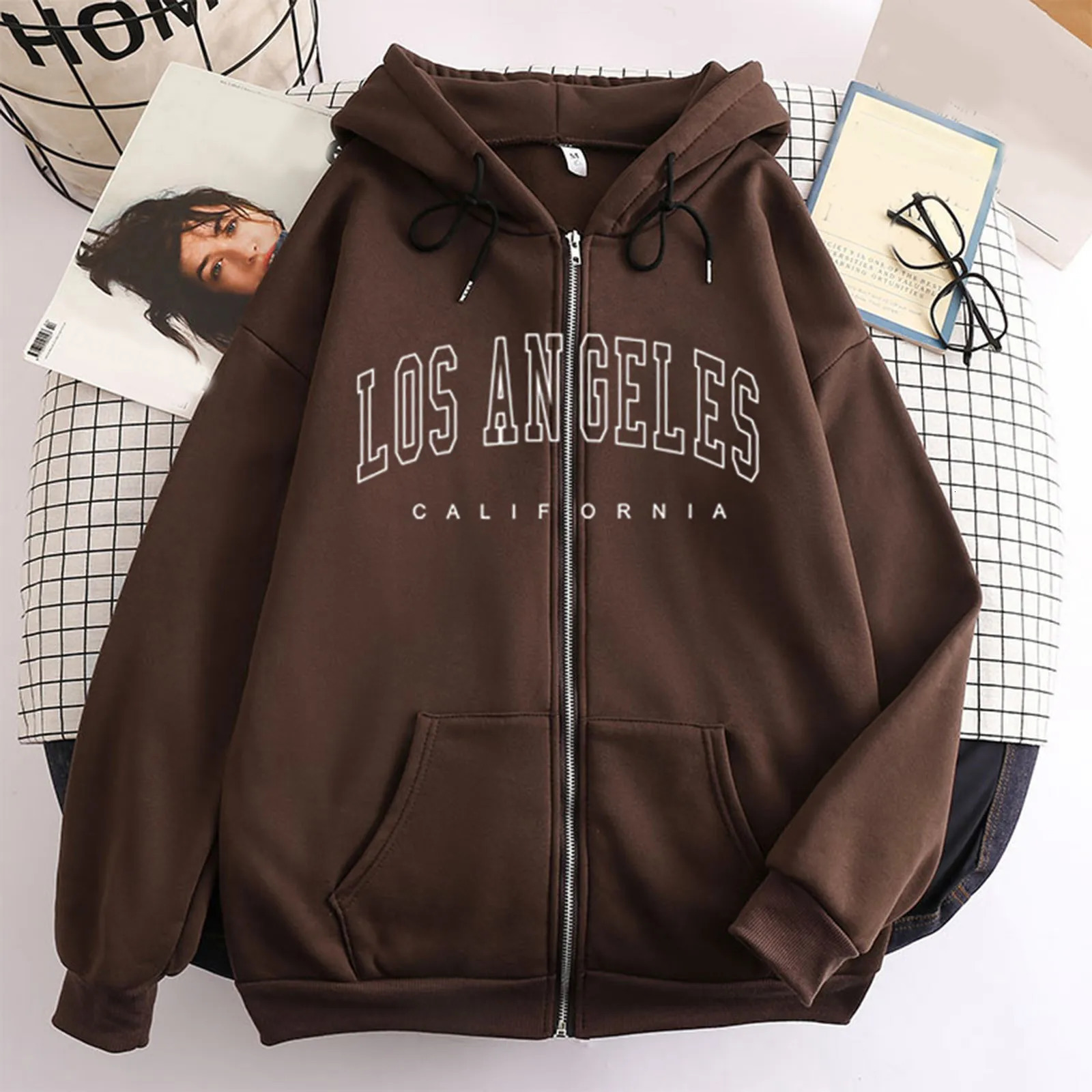 Los Angeles Letter Print Zip up Harajuku Hoodies Jacket Women Casual Oversized Sweatshirt Female Streetwear Pockets Hooded Coats 240318