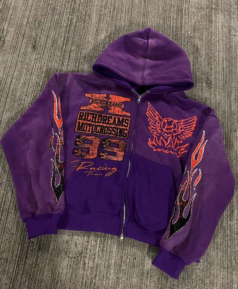 European and American Fashion Casual Oversized Hoodie Men Y2k Retro Anime Print Jacket Gothic Harajuku Zipper Sweatshirt 240321