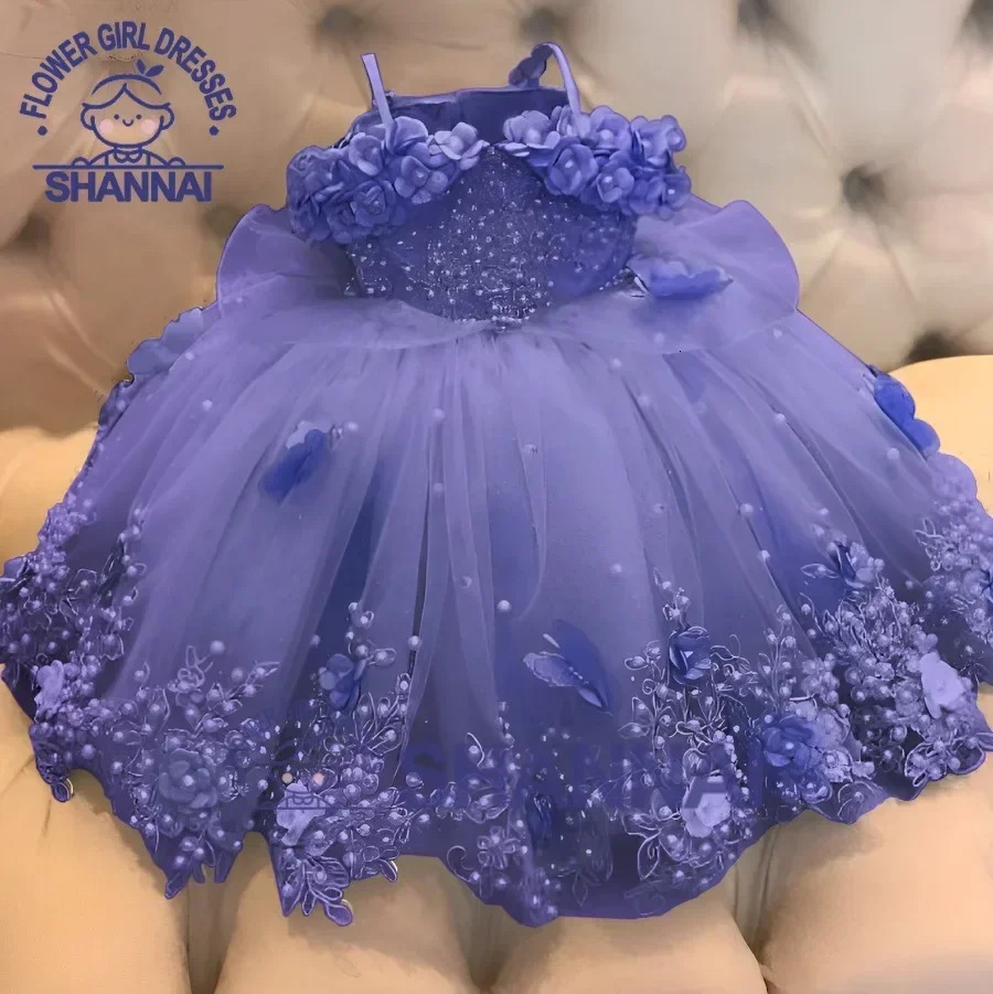 Custom Baby Girl Dress Birthday Party Off Shoulder Pearls Lace Butterflies Infant First Communion Gown Flower Dresses 240312