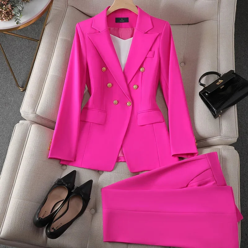 Female Uniform Business Suits with Straight Trouser Elegant Office Blazer Set for Women Work Wear Pants Suite Black White Red 240319
