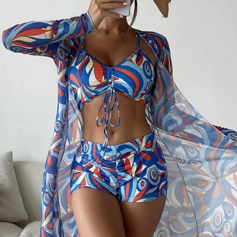 Summer Print Swimsuits Tankini Sets Female Swimwear Push Up For Beach Wear ThreePiece Bathing Suits Pool Womens Swimming Suit 240320