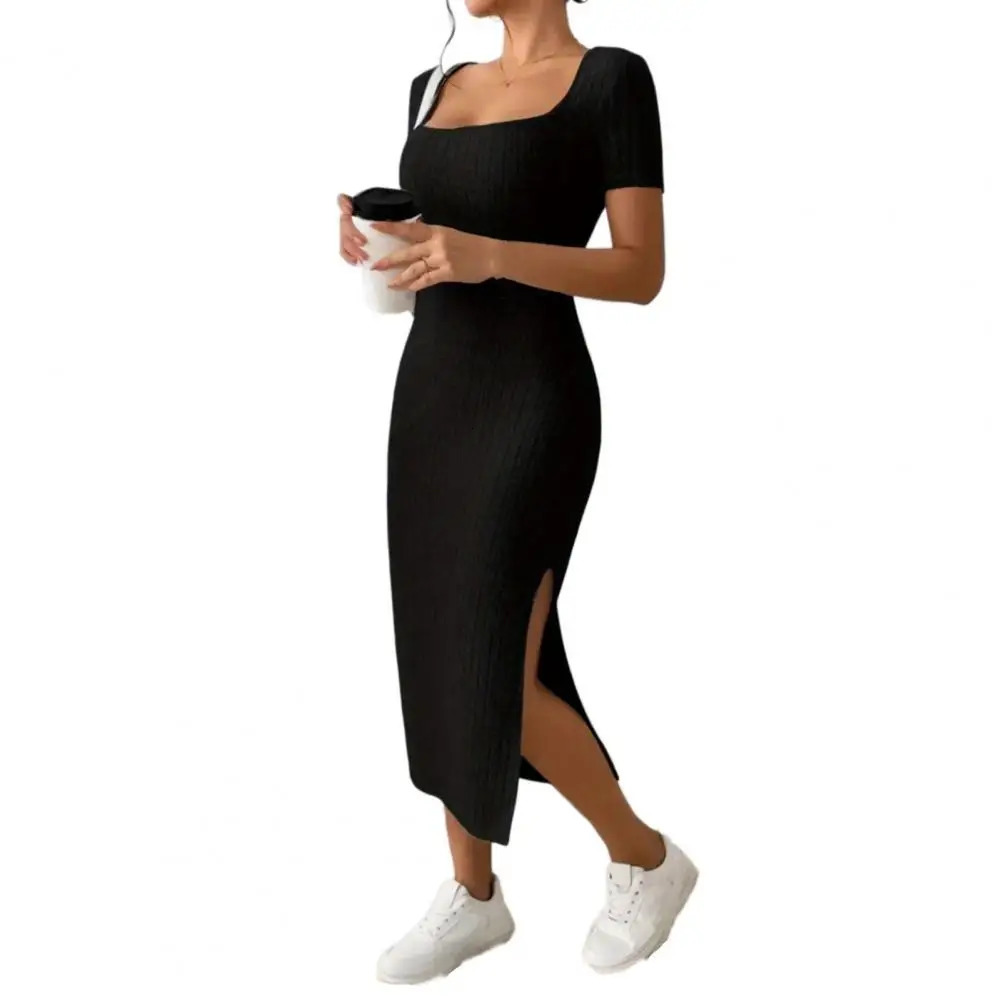 Summer Hip-covering Slit Dress Elegant Square Neck Knitted Midi Dress for Women Solid Color Split Hem Party Commute Dress 240319