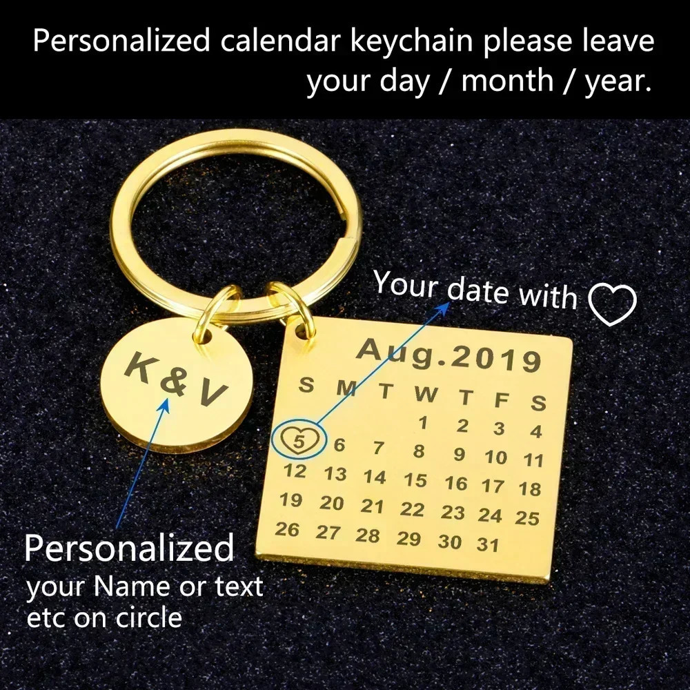 Personalized Custom KeyChain Engraved Calendar Date Stainless Steel Keyring Wedding Anniversary for Boyfriend Husband Heart Gift 240309