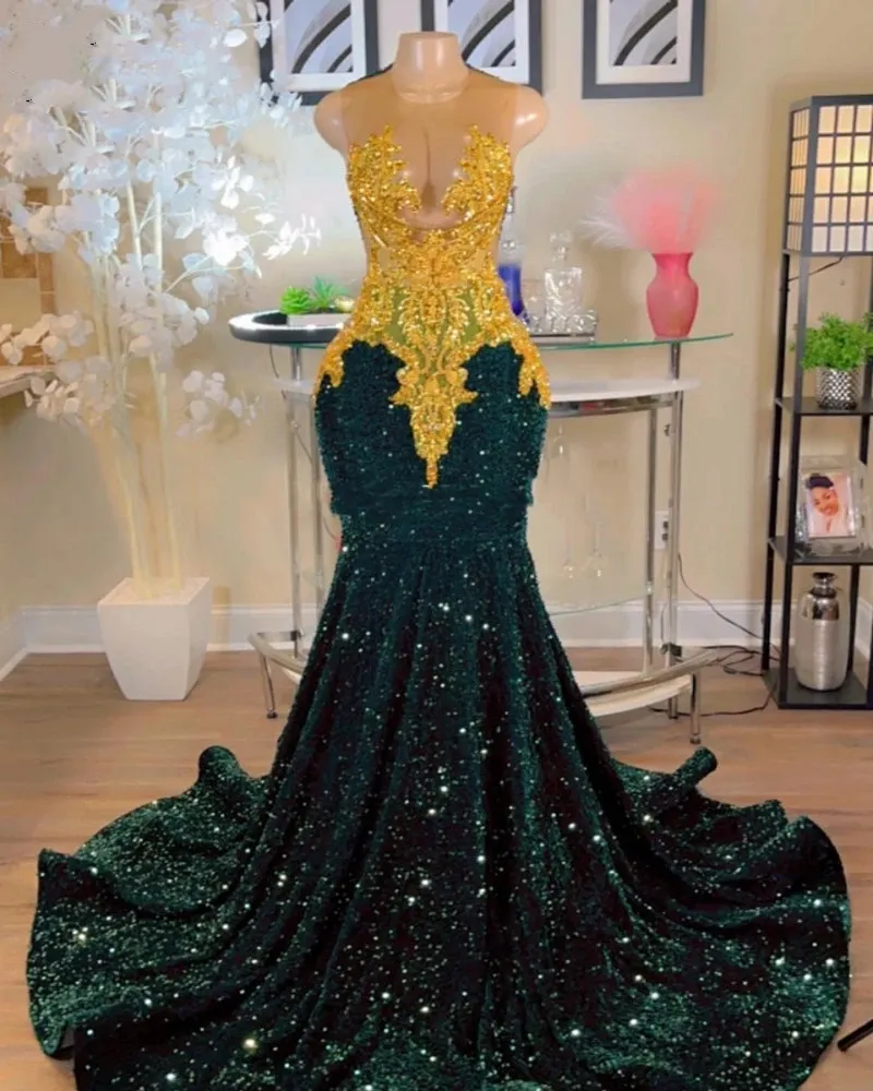 Sparkly Dark Green Mermaid Prom Dresses For Arabic Women With Gold Applique Party Gowns Long Evening Dress Vestidos De Graduacion 6660305