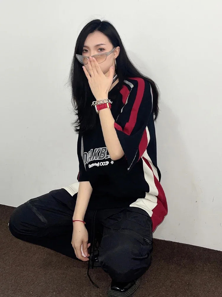 Deeptown Vintage Oversized T Shirts Women Man Y2k Streetwear Patchwork Short Sleeve Tees Female Casual Sporty Black Couple Tops 240321