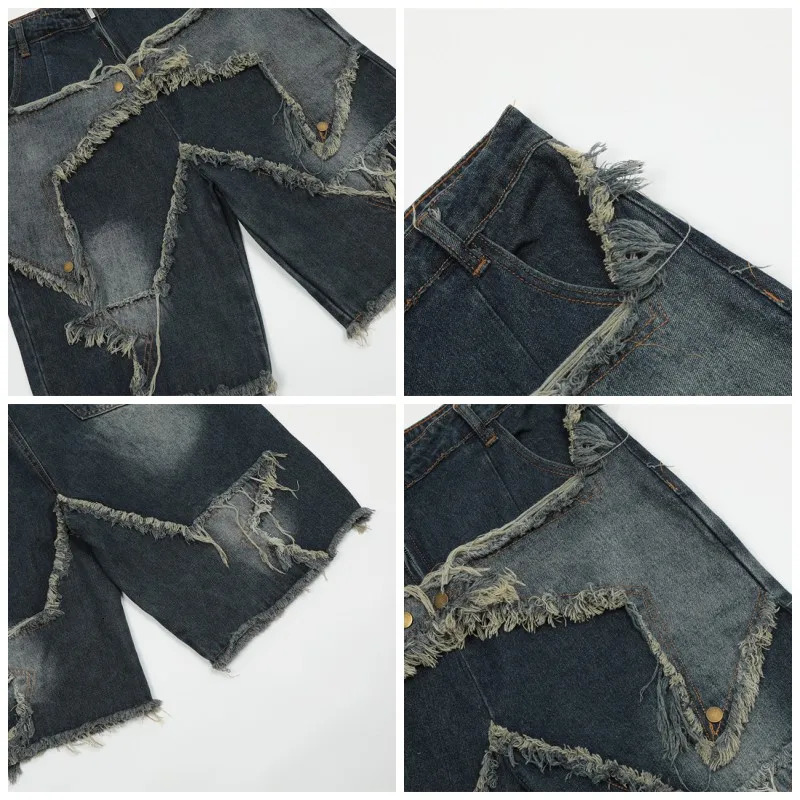 Harajuku Vintage Functional Embroidered Star Pattern Denim Shorts Mens Oversized Sunny Bermuda Casual Shorts College Pants Y2K 240319