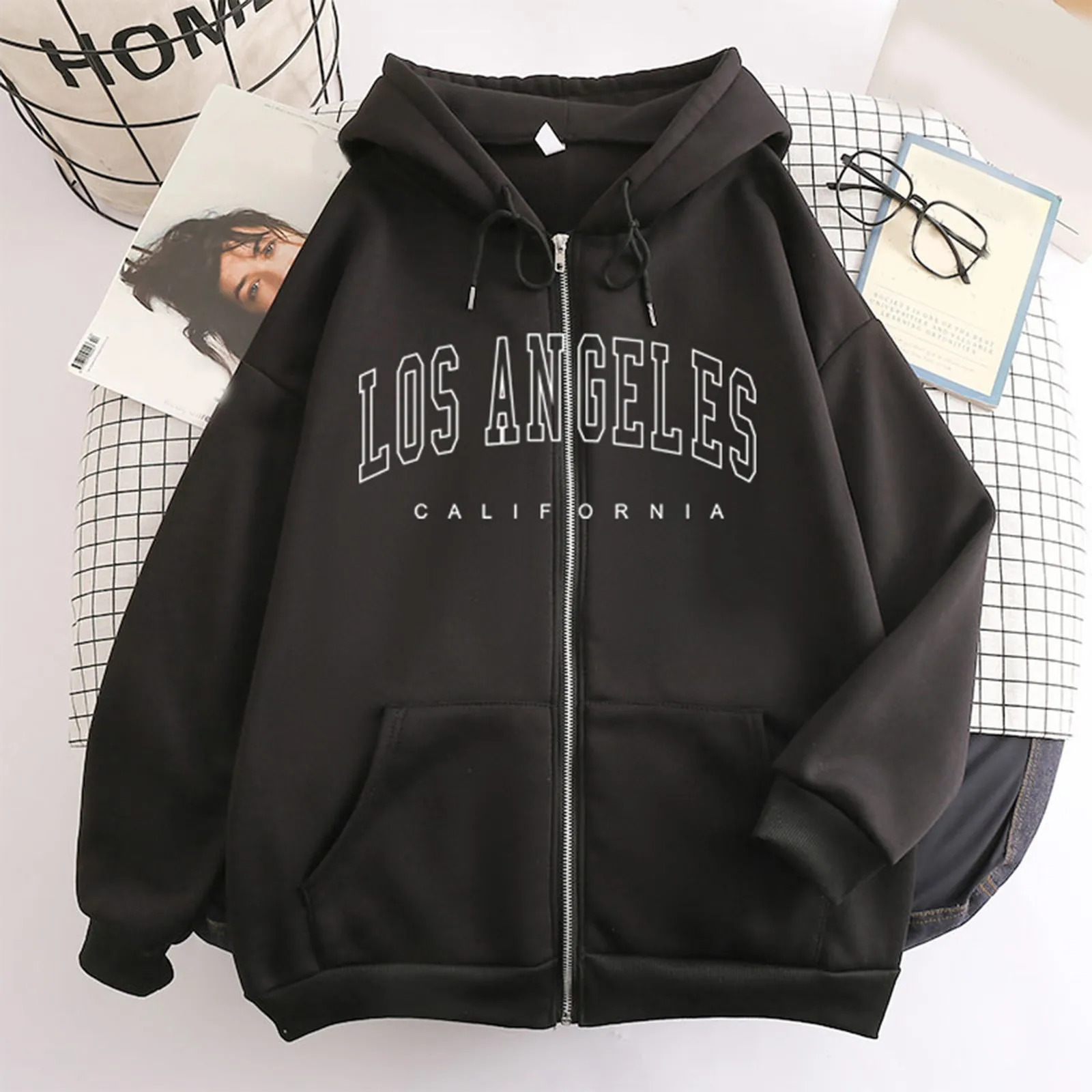 Los Angeles Letter Print Zip up Harajuku Hoodies Jacket Women Casual Oversized Sweatshirt Female Streetwear Pockets Hooded Coats 240318