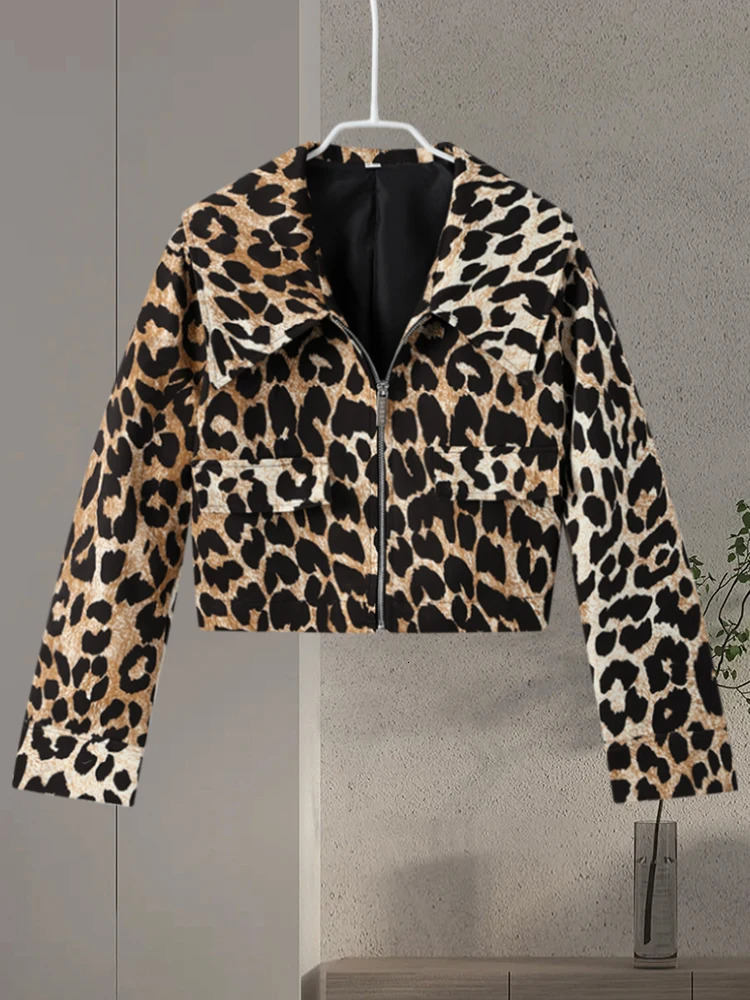 Y2k Leopard Crop Jacket Women Fashion Street Long Sleeve Loose Female Coat Spring Zipper Lapel Moto Biker Lady Outwear 240315