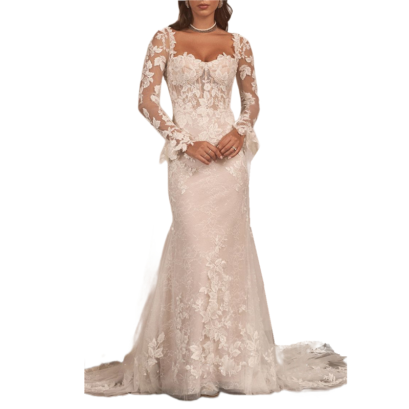 Chic Lace Mermaid Wedding Dresses Bell Long Sleeves Appliques Sweetheart Neck Open Back Buttons Boho Bridal Gowns Corset Top